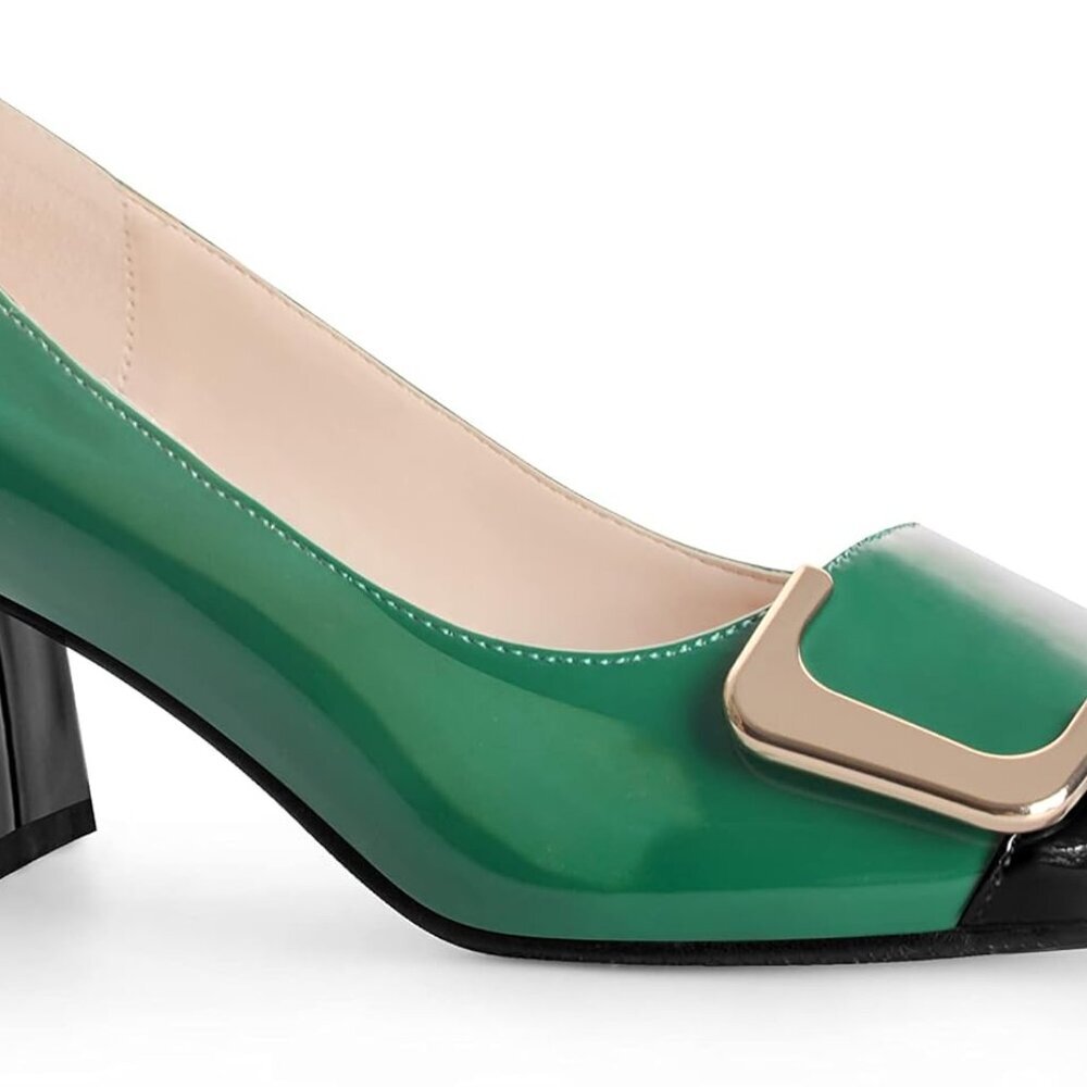Women's Faux Leather Pumps 2.4 Inch Chunky Heel Square Toe Slip On Office Shoes